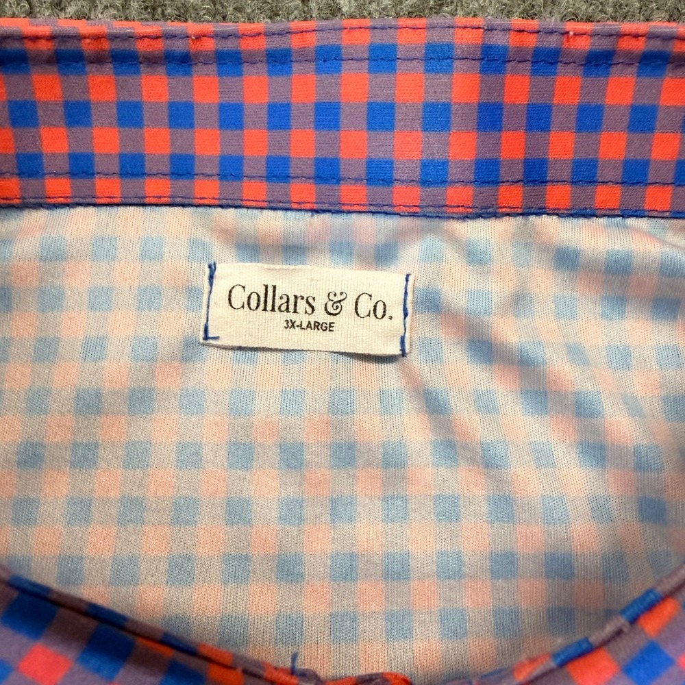 Collars & Co Mens 3XL Dress Collar Polo Shirt Blue Orange Gingham Check Golf Tee - Picture 3 of 9